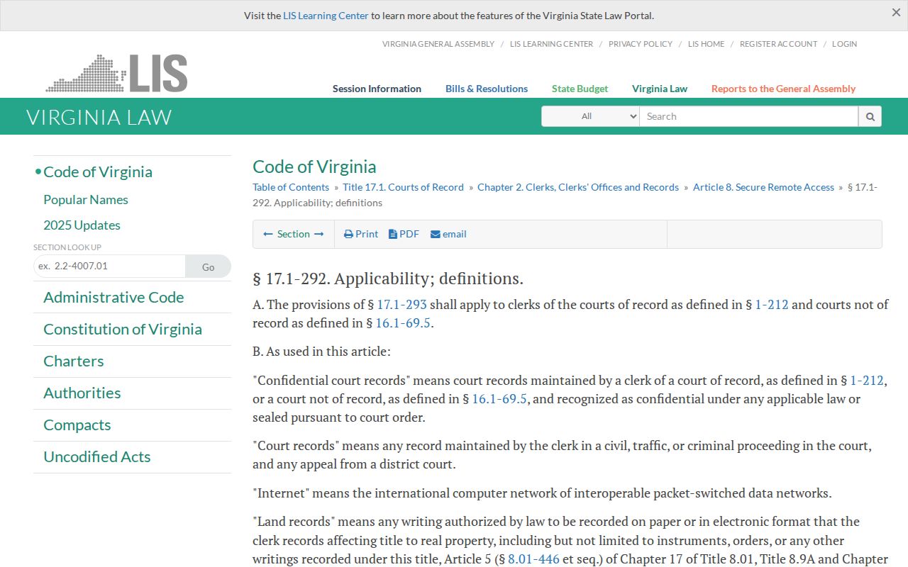 Virginia secure remote access statute for Virginia Beach Circuit Court records