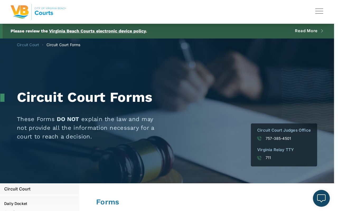 Virginia Beach Circuit Court records forms page from the Clerk