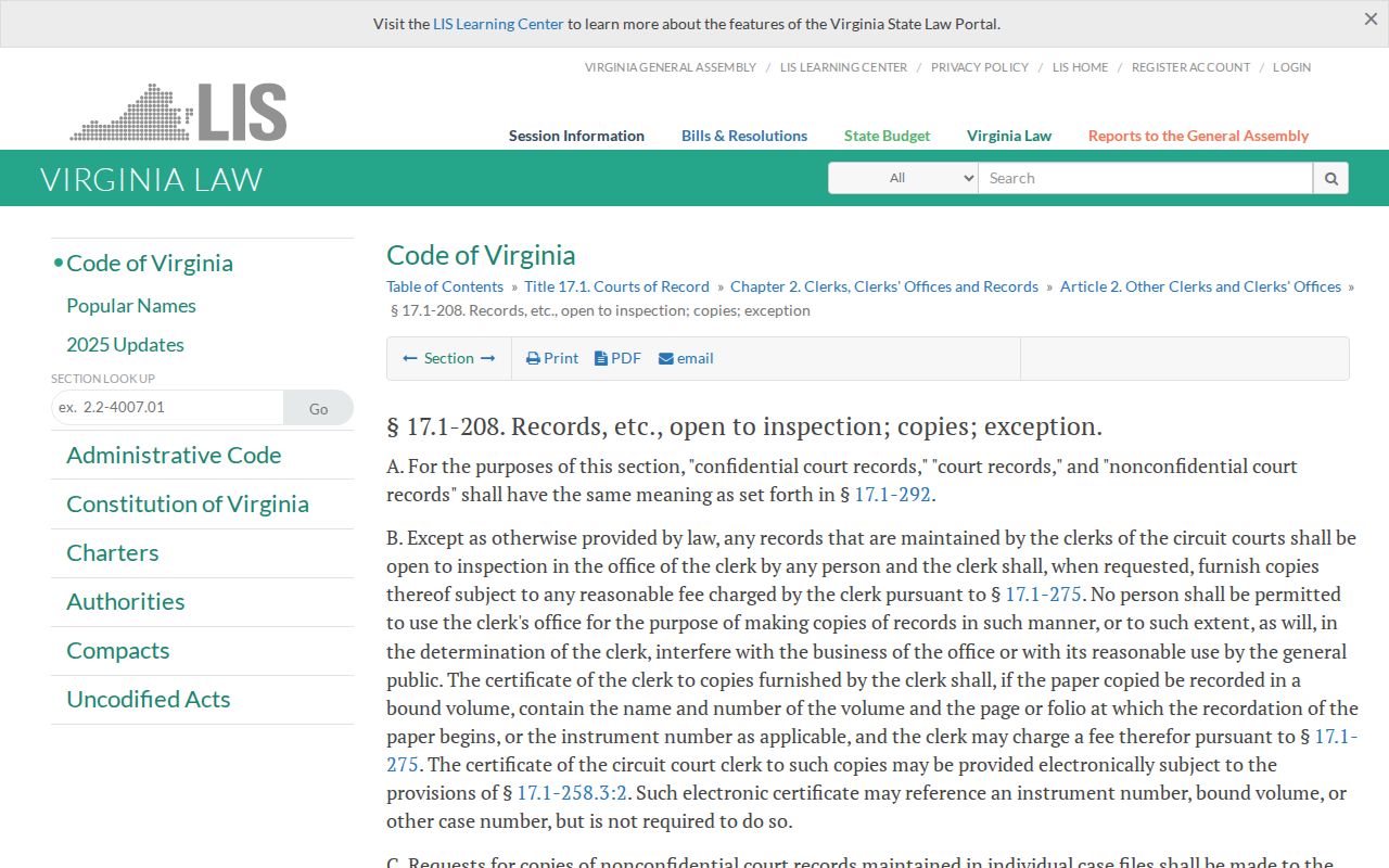 Virginia public-inspection and copy-fee statute for Virginia Beach Clerk records