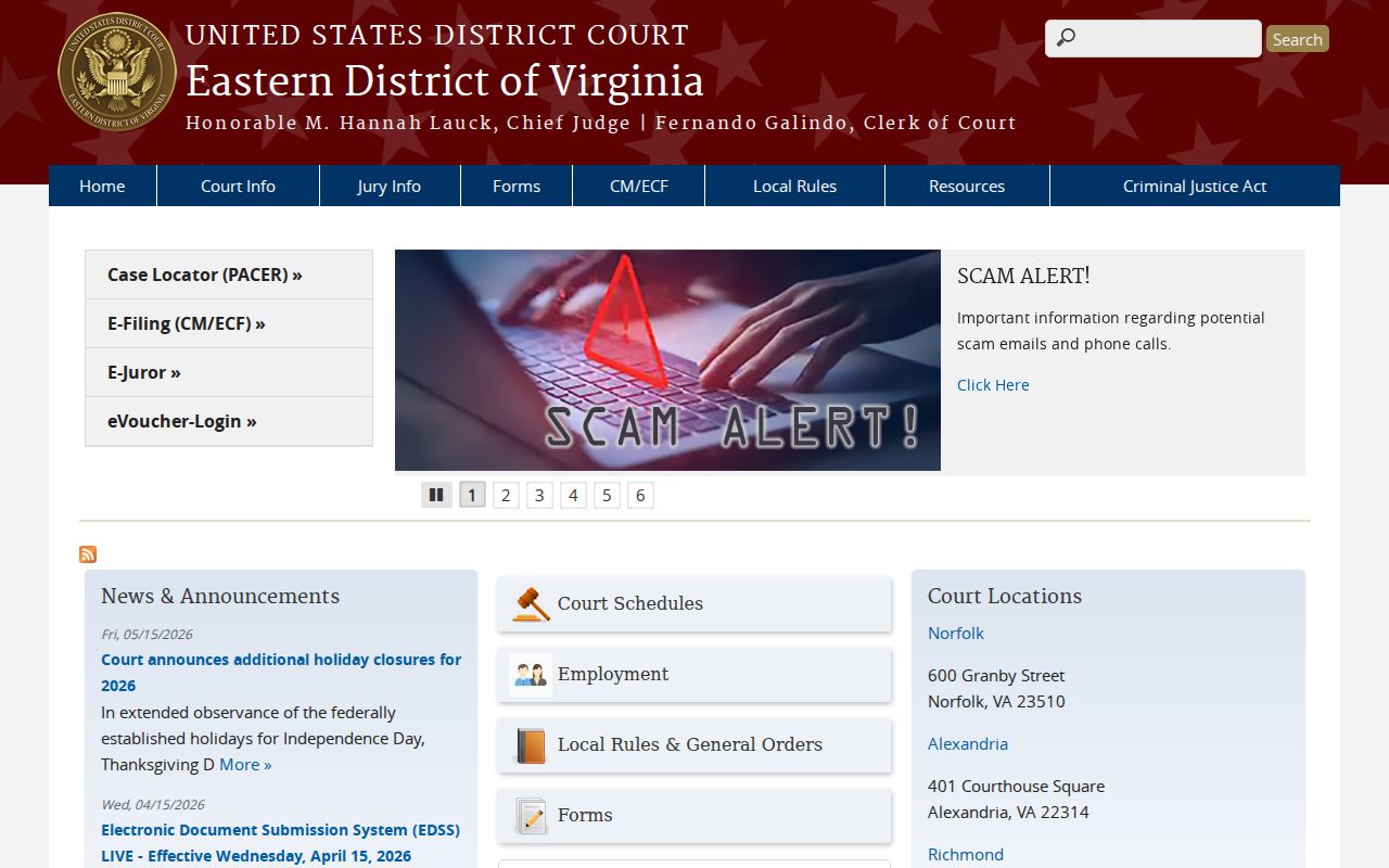 Virginia Beach federal court records on the U.S. District Court Eastern District of Virginia site