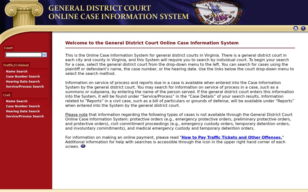 Virginia Beach court records results in the General District Court online case information system