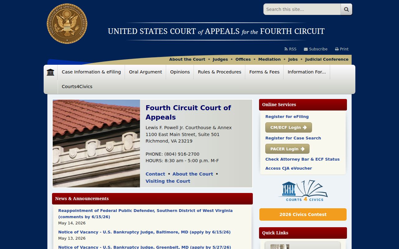 Virginia Beach federal court records appeals at the Fourth Circuit Court of Appeals