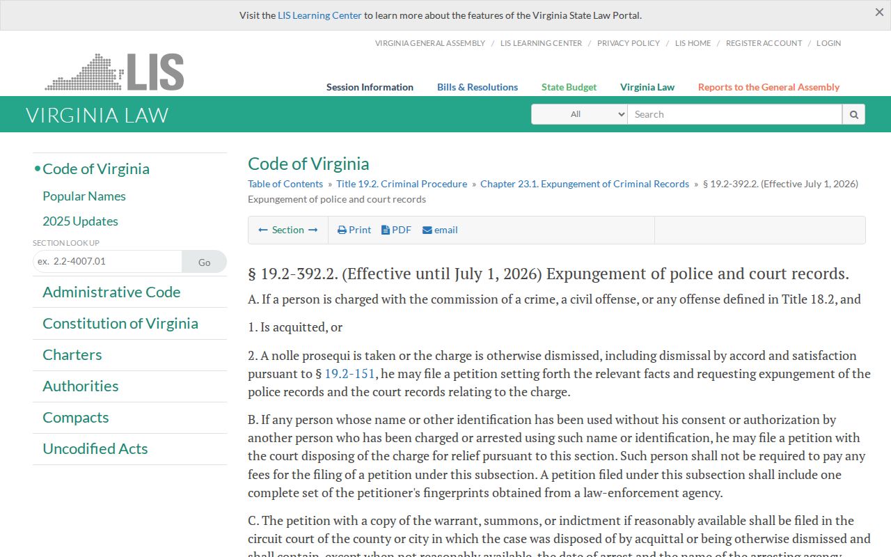 Virginia Beach criminal records Virginia expungement statute Va. Code 19.2-392.2