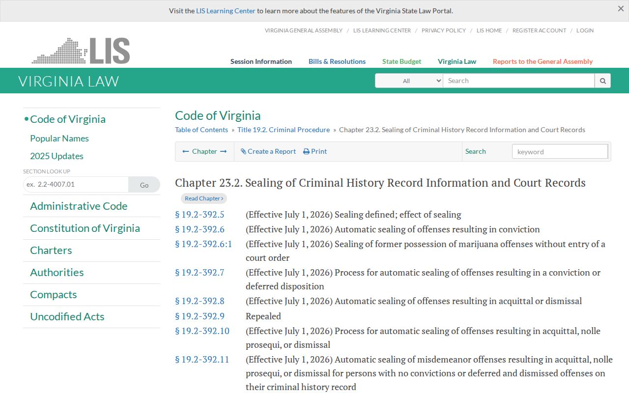 Virginia Beach criminal records Virginia sealing of criminal history statute Chapter 23.2