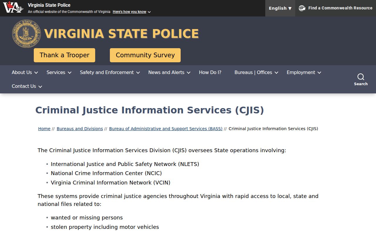 Virginia Beach criminal records Virginia State Police CJIS background check page