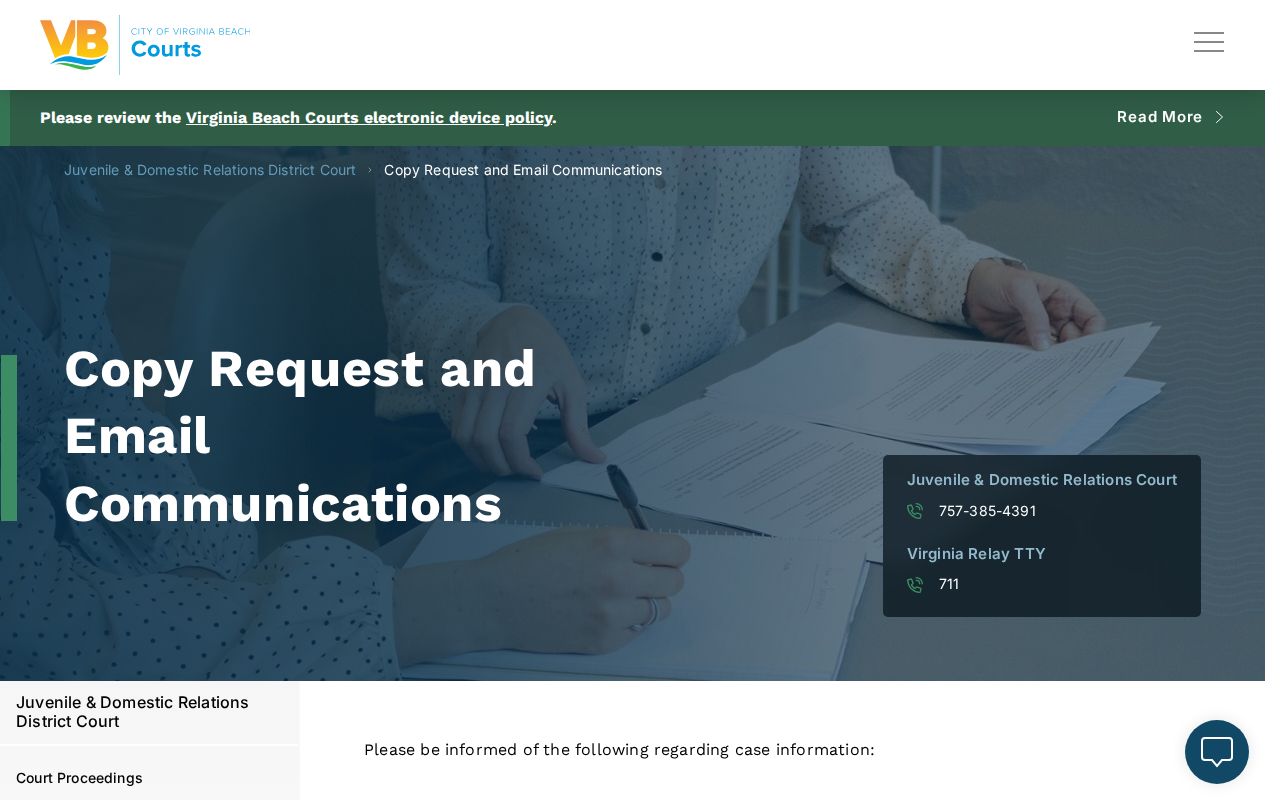 Virginia Beach JDR Court records copy request and email page