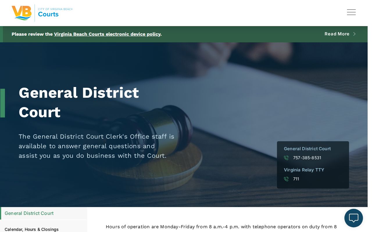 Virginia Beach court records contacts on the General District Court page