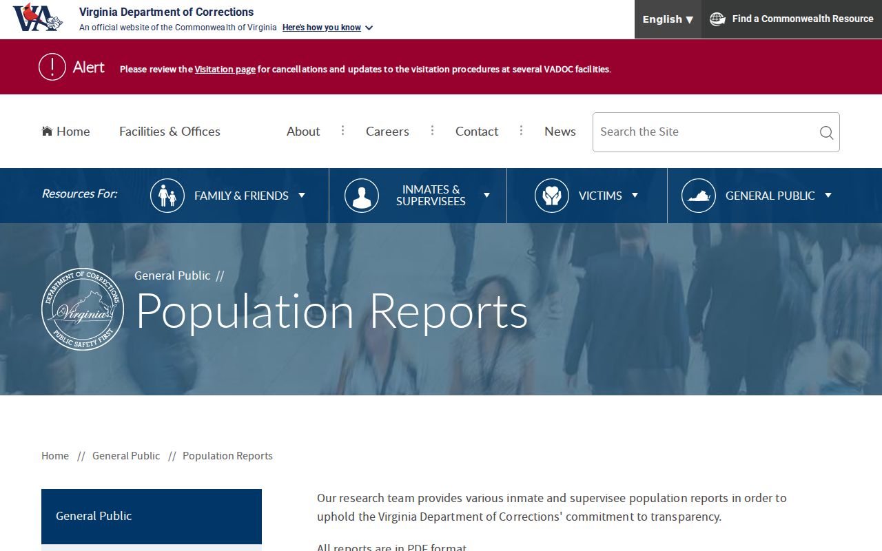 Virginia Beach inmate population statewide context on the VADOC population reports page
