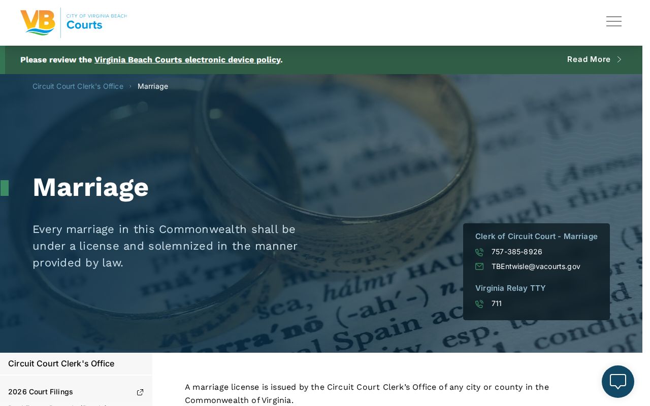 Virginia Beach marriage records license and certified copies Circuit Court Clerk page