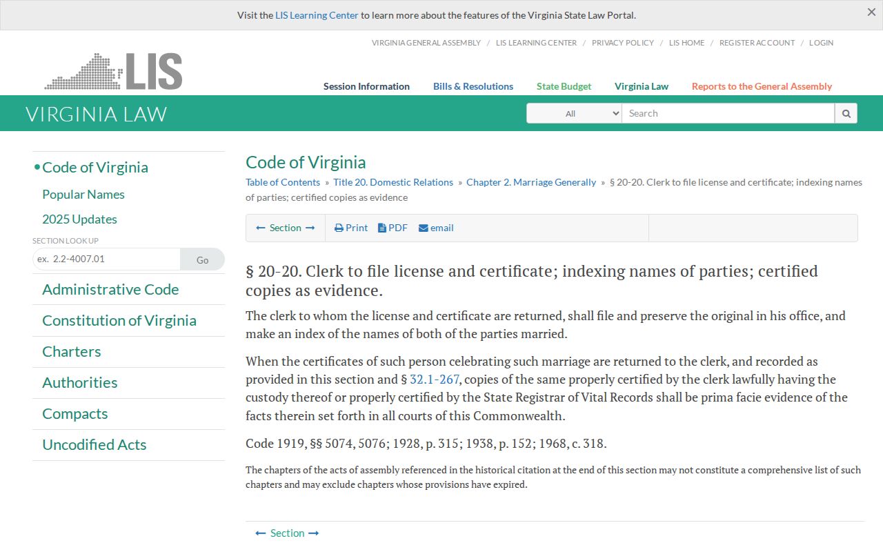 Virginia Beach marriage records certified-copy evidentiary statute Va. Code 20-20