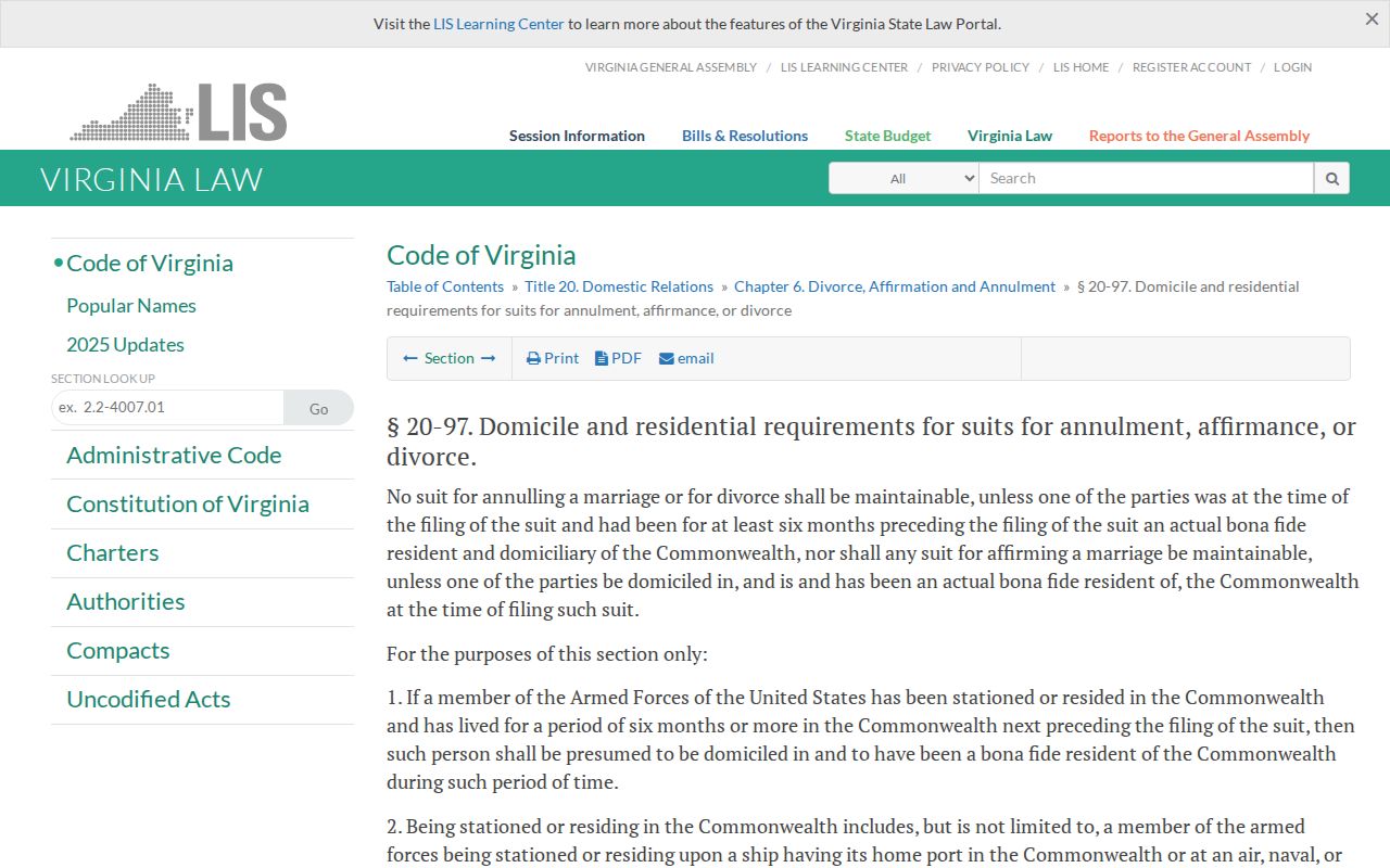 Virginia Beach divorce records venue and residency statute Va. Code 20-97