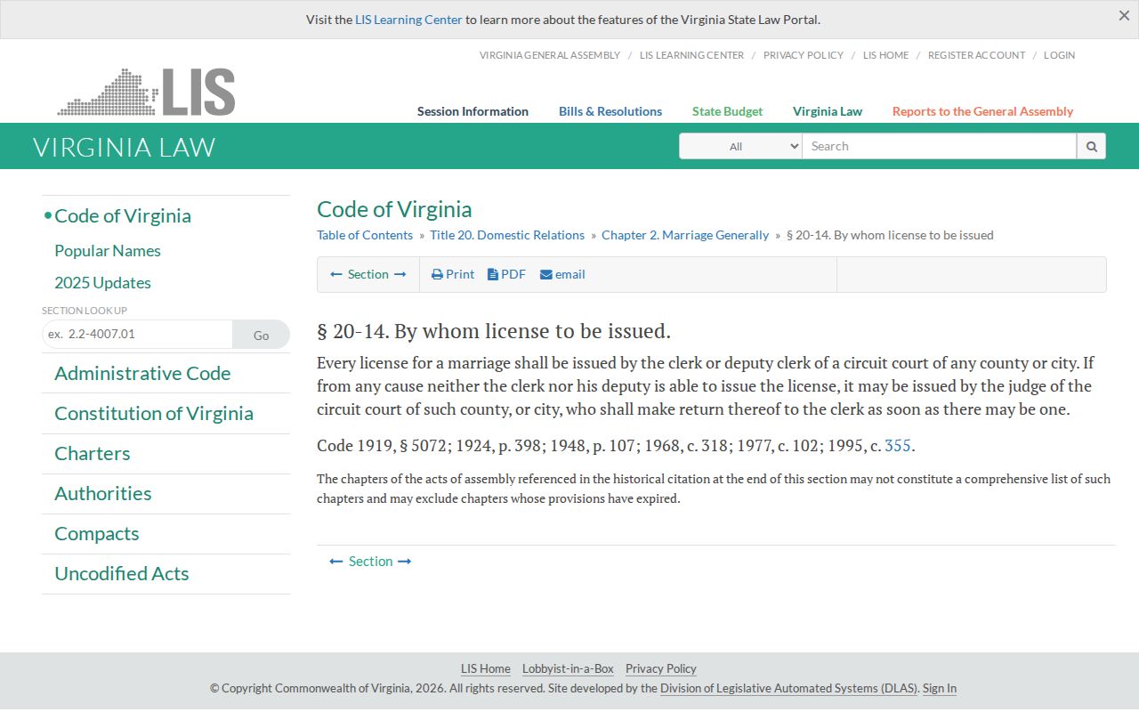 Virginia Beach marriage records statute on who may issue marriage licenses Va. Code 20-14