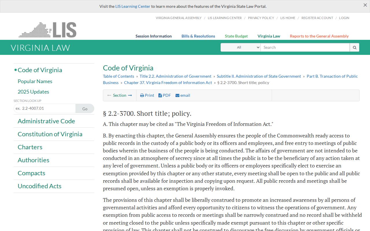 Virginia Beach public records Virginia FOIA policy statute Va. Code 2.2-3700