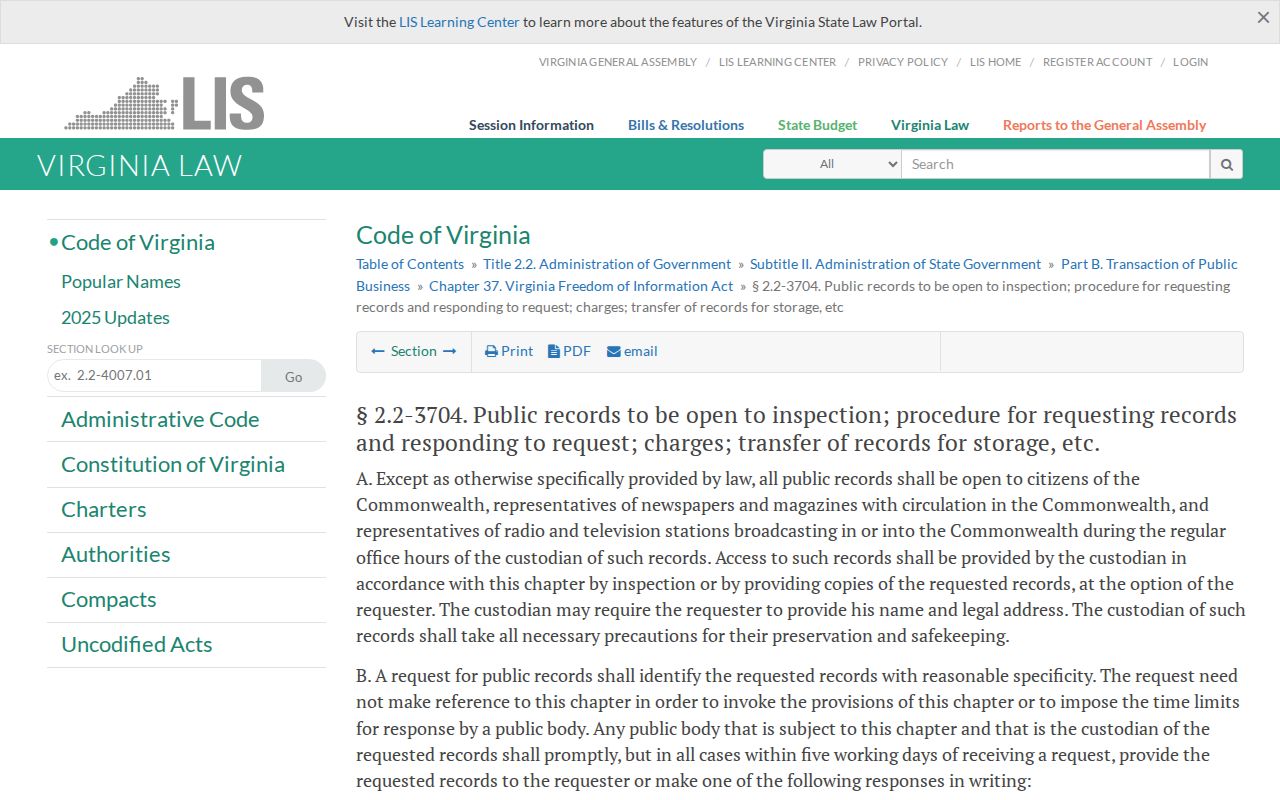 Virginia Beach public records FOIA request procedure statute Va. Code 2.2-3704