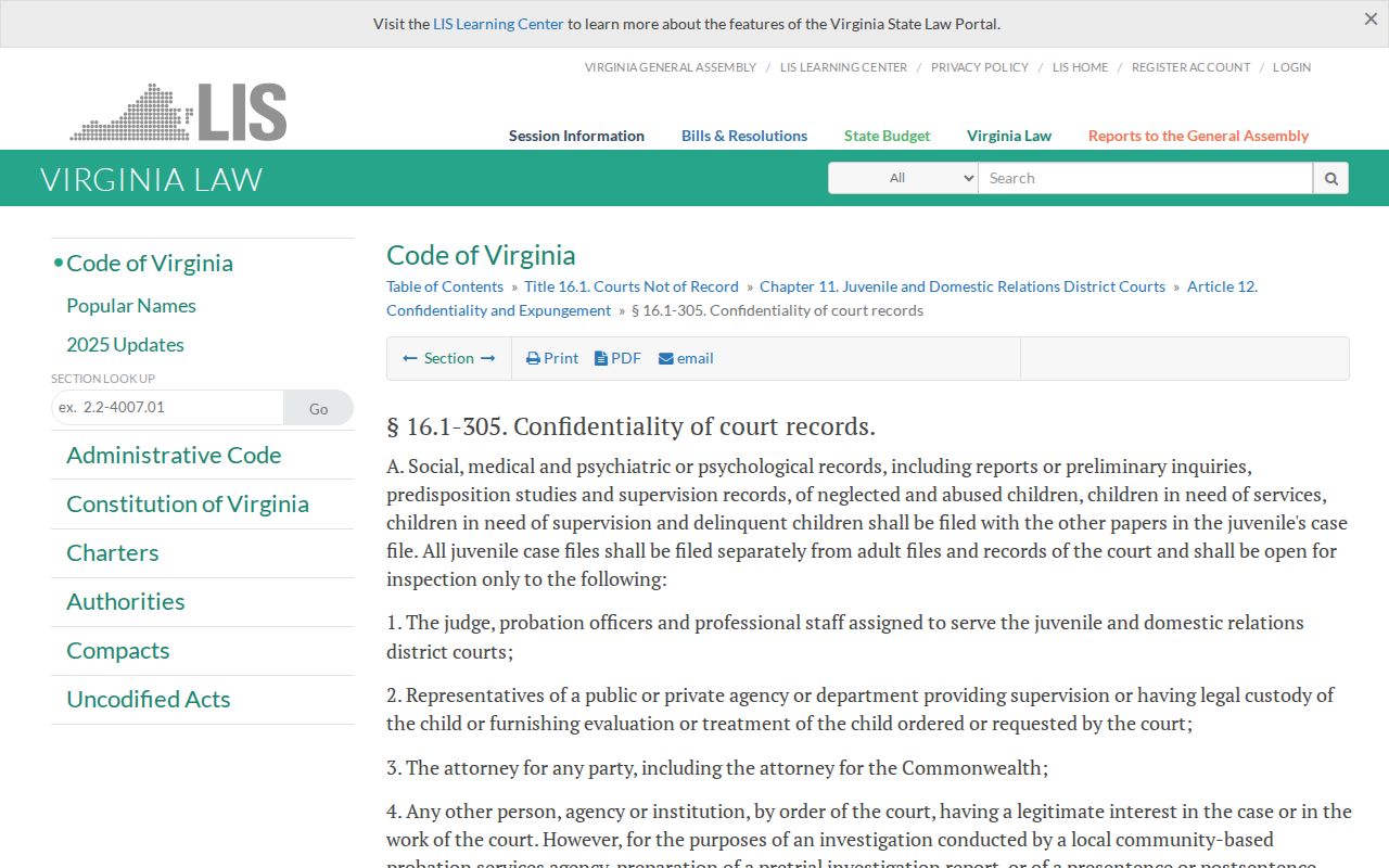 Virginia Beach public records juvenile record confidentiality statute Va. Code 16.1-305