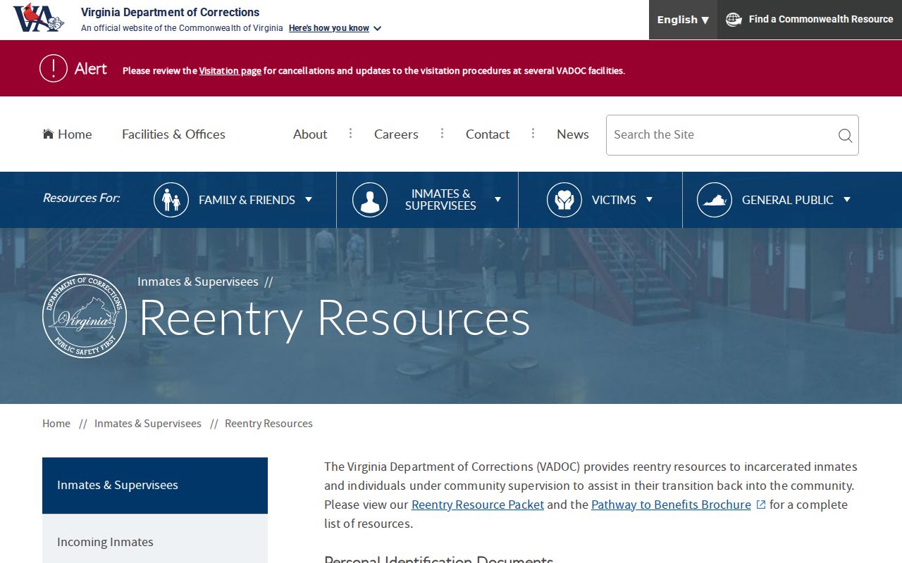 Virginia Beach released inmates VADOC reentry resources page