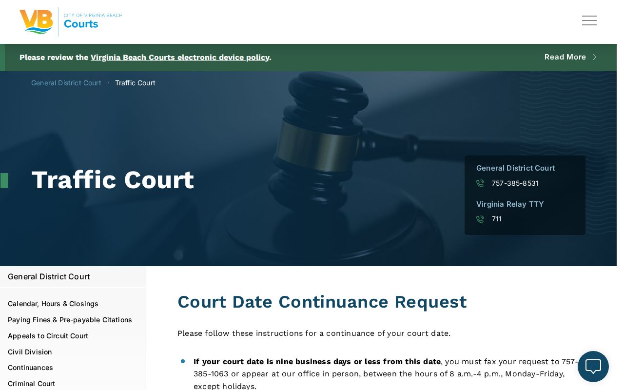 Virginia Beach traffic court records copy, continuance, and appeal page