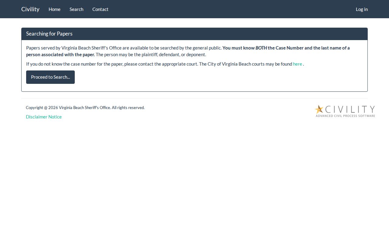 Virginia Beach warrant records VBSO civil process paper search page